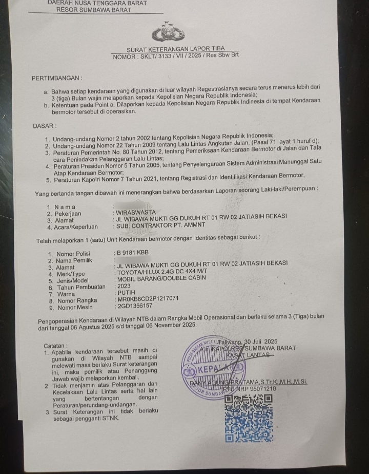 Foto: Surat Keterangan Lapor Tiba (SKLT).